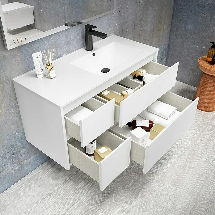 Mueble bajo de lavabo Rose - L x An x Al: 45 x 80 x 50 cm, Blanco - Imagen de un mueble de baño blanco con cajones abiertos llenos de artículos de baño. Muebles de baño modernos para baños elegantes.