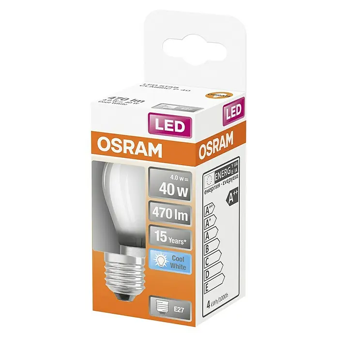 Osram Superstar LED-Lampe CLP40 - E27, Nicht Dimmbar, Kaltweiß, 470 lm, 4 W - Nahaufnahme der Verpackung einer Osram LED Lampe mit den Aufschriften LED, OSRAM, 40W, 470lm, 15 Jahre und Energieeffizienzklasse A++.