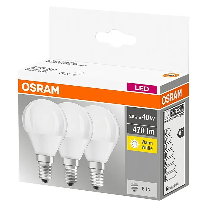 Osram LED-Lampen Set Tropfenform E14 matt - E14, Nicht Dimmbar, Warmweiß, 470 lm, 5 W, 3 Stk. - Ein 3er-Pack Osram LED-Glühbirnen, E14-Sockel, 5.5W, warmweißes Licht, ideal für eine gemütliche Atmosphäre.