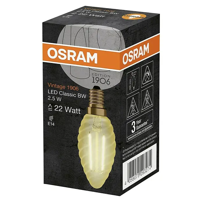 Osram LED-Lampe Vintage Edition 1906 Tropfenform E14 CLBW22 - E14, Nicht Dimmbar, Warmweiß, 220 lm, 2,5 W - Produktbild: OSRAM Vintage 1906 LED Classic BW Lampe mit 2,5 W und E14 Fassung, für stimmungsvolle Beleuchtung im Retro-Look.