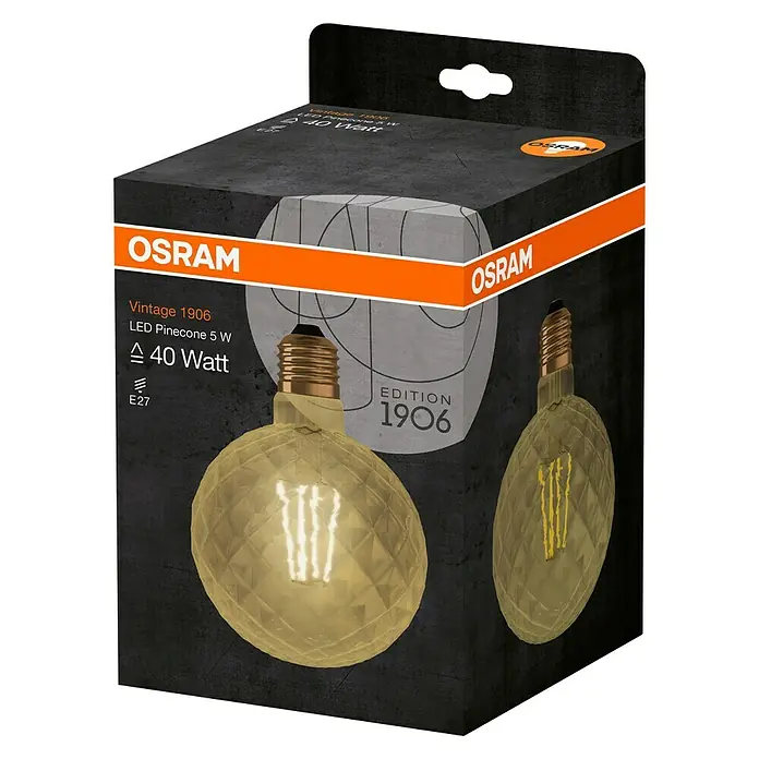 Osram LED-Lampe Vintage Edition 1906 Globe-Form E27 - E27, Nicht Dimmbar, Warmweiß, 470 lm, 5 W - Nahaufnahme der Verpackung einer OSRAM Vintage 1906 LED Pinecone 5 W Lampe, die eine dekorative und energieeffiziente Beleuchtungslösung zeigt.