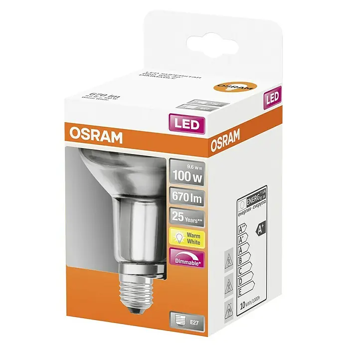 Osram Superstar LED-Lampe R80 Dimmable - E27, Dimmbar, Warmweiß, 670 lm - Nahaufnahme der Verpackung einer OSRAM LED-Lampe mit E27-Sockel, die warmweißes Licht mit 670 lm ausstrahlt und dimmbar ist.
