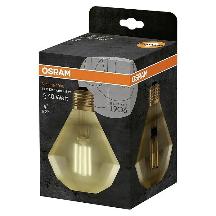Osram LED-Lampe Vintage Edition 1906 Globe-Form E27 - E27, Nicht Dimmbar, Warmweiß, 470 lm, 4,5 W - Nahaufnahme einer Verpackung mit einer Osram Vintage 1906 LED-Diamant-Glühbirne.