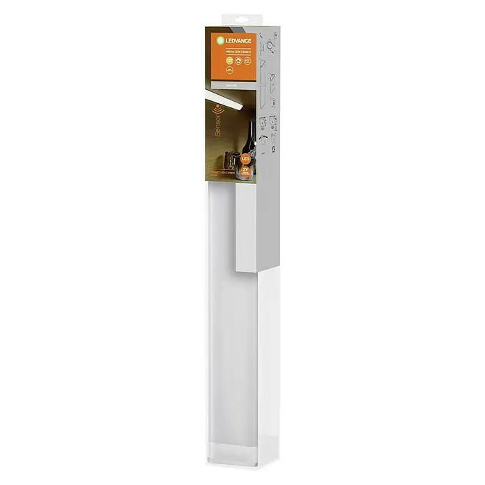 Ledvance LED-Unterbauleuchte Cabinet Corner - 7,5 W, Länge: 55 cm, Warmweiß - Das Bild zeigt die Verpackung einer LEDVANCE Cabinet LED Corner Leuchte. Die schlanke, weiße Verpackung präsentiert das Produkt attraktiv.