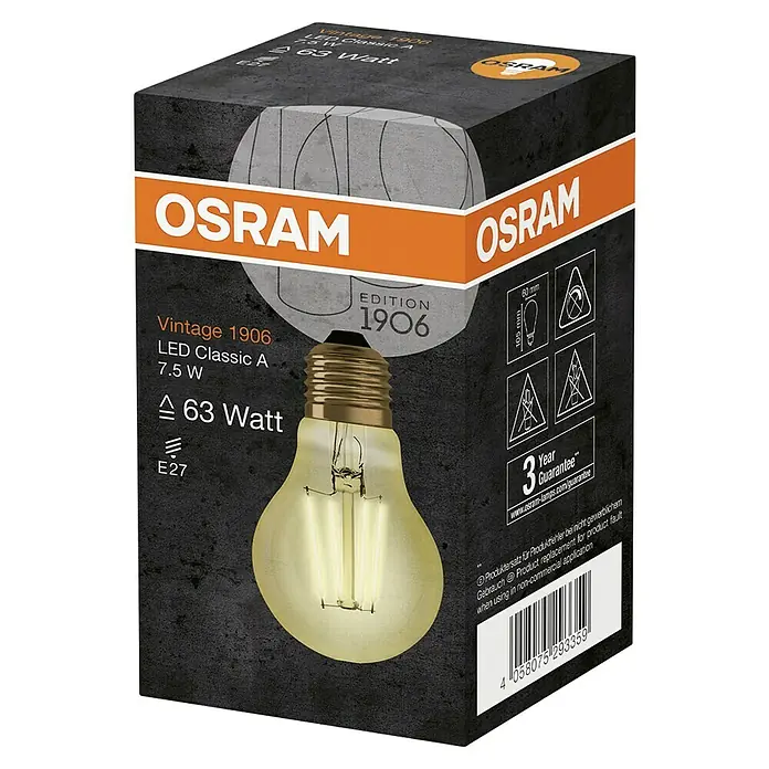 Osram LED-Lampe Vintage Edition 1906 Glühlampenform E27 - E27, Nicht Dimmbar, Warmweiß, 950 lm, 7,5 W - Packung einer Osram Vintage 1906 LED Classic A Glühbirne mit 7,5 W, die 63 Watt entspricht.