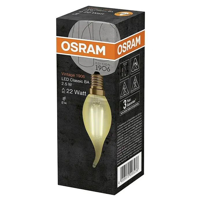 Osram LED-Lampe Vintage Edition 1906 Tropfenform E14 CLBA22 - E14, Nicht Dimmbar, Warmweiß, 220 lm, 2,5 W - Produktverpackung einer Osram Vintage 1906 LED Classic BA 2,5 W Lampe, die warmes Licht und eine lange Lebensdauer bietet.