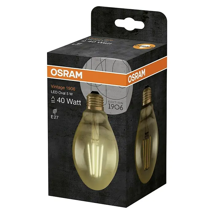 Osram LED-Lampe Vintage Edition 1906 Glühlampenform E27 - E27, Nicht Dimmbar, Warmweiß, 420 lm, 5 W - Produktverpackung der Osram Vintage 1906 LED Oval 5W Lampe, die ein warmes, klassisches Licht mit Retro-Design bietet.