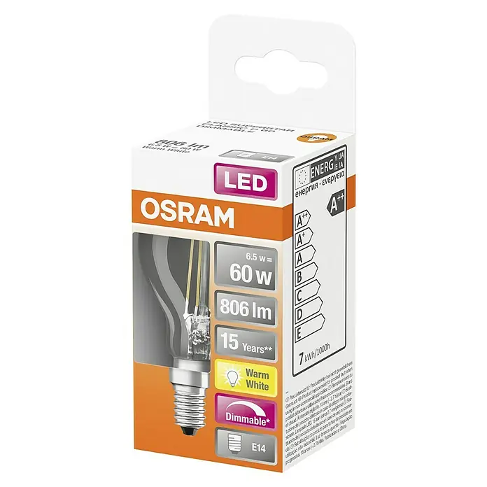 Osram Superstar Bombilla LED Classic P 60 - E14, Intensidad regulable, Blanco cálido, 806 lm, 6,5 W - Embalaje del producto de una bombilla LED Superstar Classic E14 regulable de OSRAM, con 6,5W, equivalente a 60W, 806 lúmenes y 15 años de vida útil.