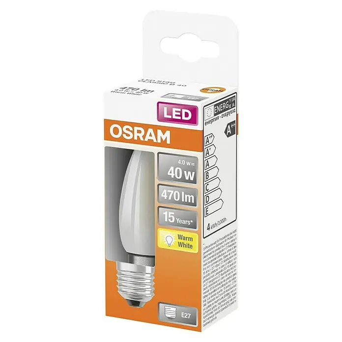 Osram Retrofit Bombilla LED Classic B 40 - E27, No regulable, Blanco cálido, 470 lm, 4 W, Color: Blanco/crema - Imagen del producto: Bombilla LED OSRAM, 4W, 470 lúmenes, blanco cálido, base E27, clase de eficiencia energética A++, vida útil de 15 años.