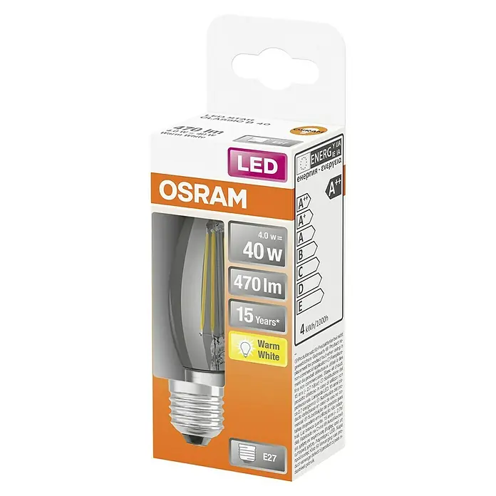 Osram Retrofit Bombilla LED Classic B 40 - E27, No regulable, Blanco cálido, 470 lm, 4 W, Color: Claro - Embalaje de la bombilla OSRAM LED Star Classic B 40 con 470 lúmenes, 4,0 vatios, base E27, blanco cálido y una vida útil de 15 años.
