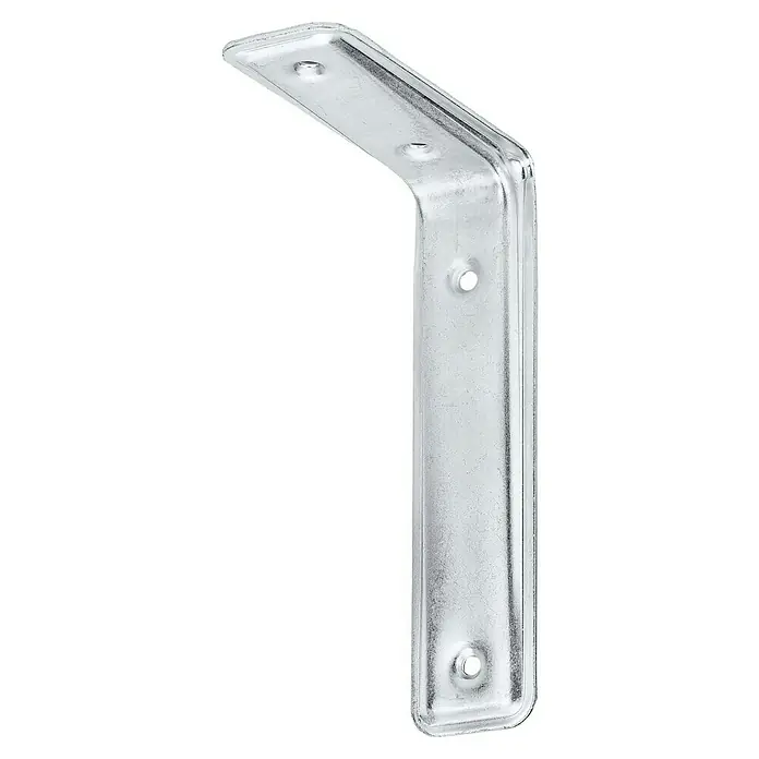 Stabilit Escuadra de estantería Design 3F - 115 x 40 x 80 mm, Acero, Carga soportada: 30 kg - Primer plano de un ángulo metálico plateado con orificios de montaje. Ideal para estanterías y otros proyectos de bricolaje.