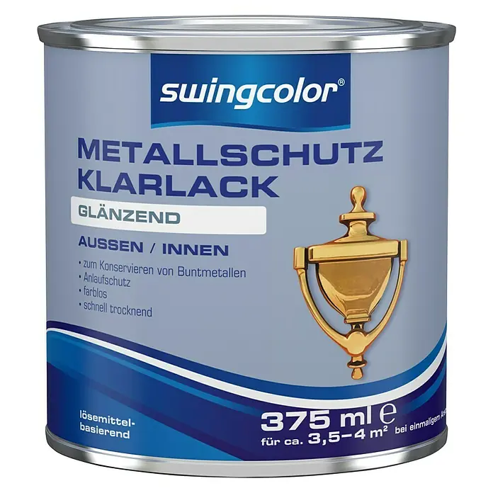 swingcolor Metall-Schutzlack Klarlack - Farblos, 375 ml, Glänzend, Außen, Lösemittelbasiert - Dose Swingcolor Metallschutz Klarlack für den Innen- und Außenbereich, glänzend, mit 375 ml Inhalt, zum Schutz von Metalloberflächen.