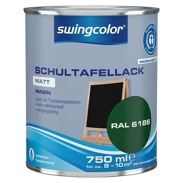 swingcolor Schultafellack - Grün, 750 ml, Matt, Wasserbasiert - Dose Schul Tafellack Matt Innen RAL 6186 von Swingcolor, wasserbasierter Lack für Tischtennisplatten, nicht reflektierend, reinigungsfähig, 750ml.