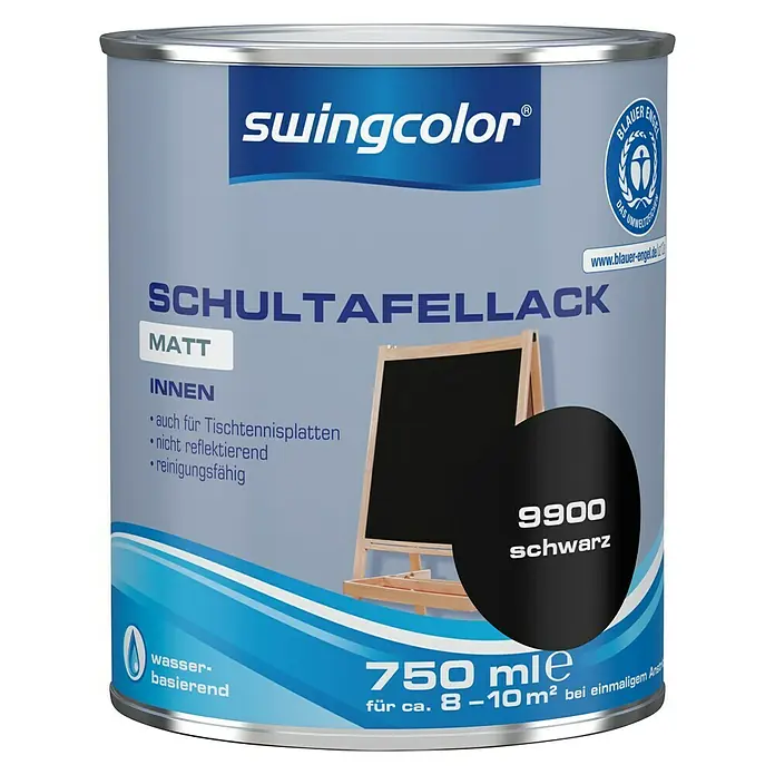 swingcolor Schultafellack - Schwarz, 750 ml, Matt, Wasserbasiert - Dose Swingcolor Schultafellack Matt, geeignet für Innenräume. Wasserbasierend und ideal für Tischtennisplatten. Inhalt: 750 ml, Farbe: Schwarz (9900).