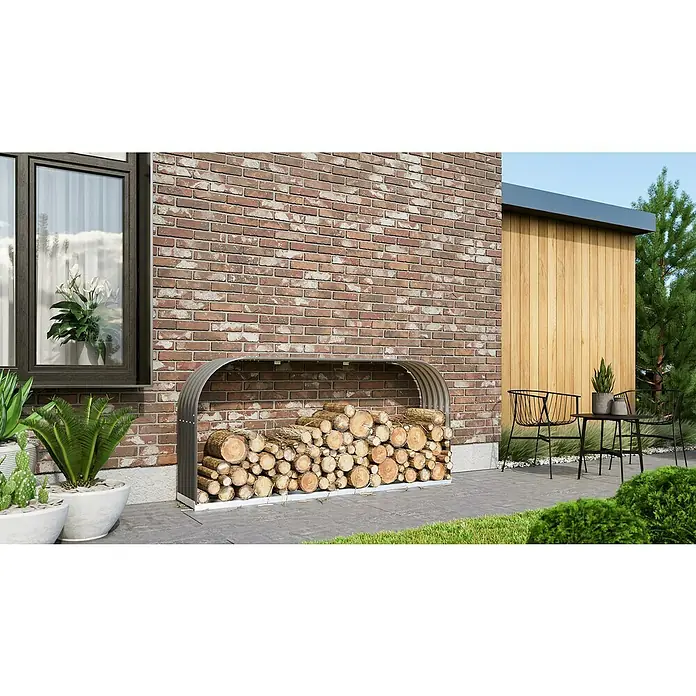 Vitavia Kaminholzregal Lignum 401 - 40 x 210 x 100 cm, Aluminium, Granit - Ein vollgepackter Holzunterstand aus Metall mit abgerundetem Dach, der mit Holzscheiten gefüllt ist und eine praktische Lagerlösung bietet.