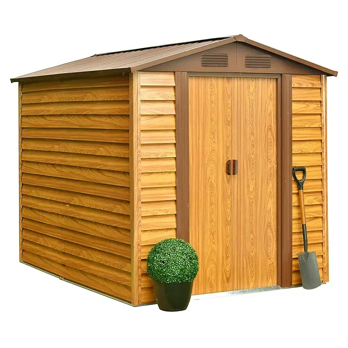 Pergart Gerätehaus Frankfurt II - 236 cm, 195 cm, Stahl, Braun, Grundfläche: 4,03 m² - Gartenschuppen aus Holz mit braunem Dach, Tür und Schaufel.