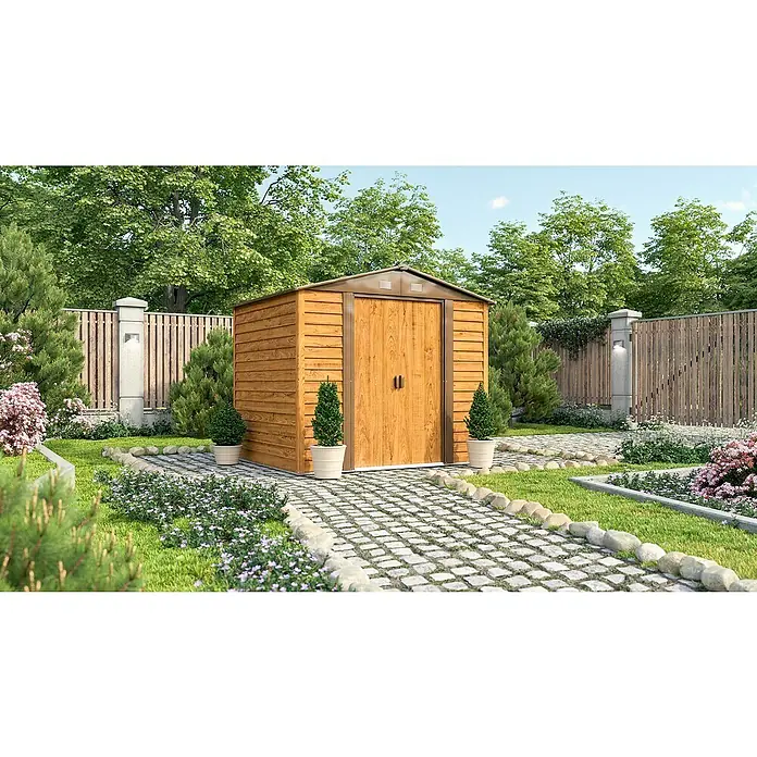 Pergart Gerätehaus Frankfurt II - 236 cm, 195 cm, Stahl, Braun, Grundfläche: 4,03 m² - Das Bild zeigt ein Holzgartenhaus mit einem Satteldach, das auf einem gepflasterten Weg in einem üppigen Garten steht, umgeben von Bäumen und Sträuchern.