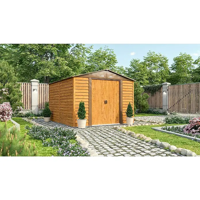 Pergart Gerätehaus Frankfurt II - 278 cm, 323 cm, Stahl, Braun, Grundfläche: 8,22 m² - Ein geräumiges Gartenhaus aus Holz mit Doppeltür fügt sich nahtlos in die grüne Umgebung ein und bietet stilvollen Stauraum.