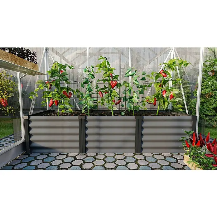 Vitavia Hochbeet Meta In&Out 401 - 185 x 65 x 40 cm, Zincalume®, Granit/Schwarz - Ein erhöhter, verzinkter Gartenbeet mit wellenförmigen Paneelen und einer Auswahl an Pflanzen drinnen, perfekt für den Anbau zu Hause.