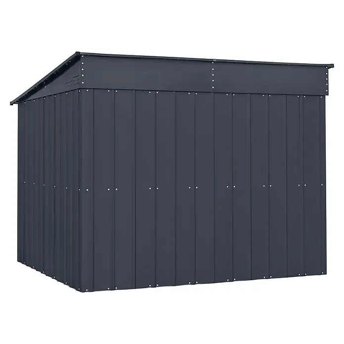 Globel Fahrradgarage Family - L x B x H: 200 x 211 x 165 cm, Stahl - Eine graue, rechteckige Gartenhütte mit schrägem Dach und vertikalen Paneelen. Das Metallgerätehaus ist stabil und wetterfest.