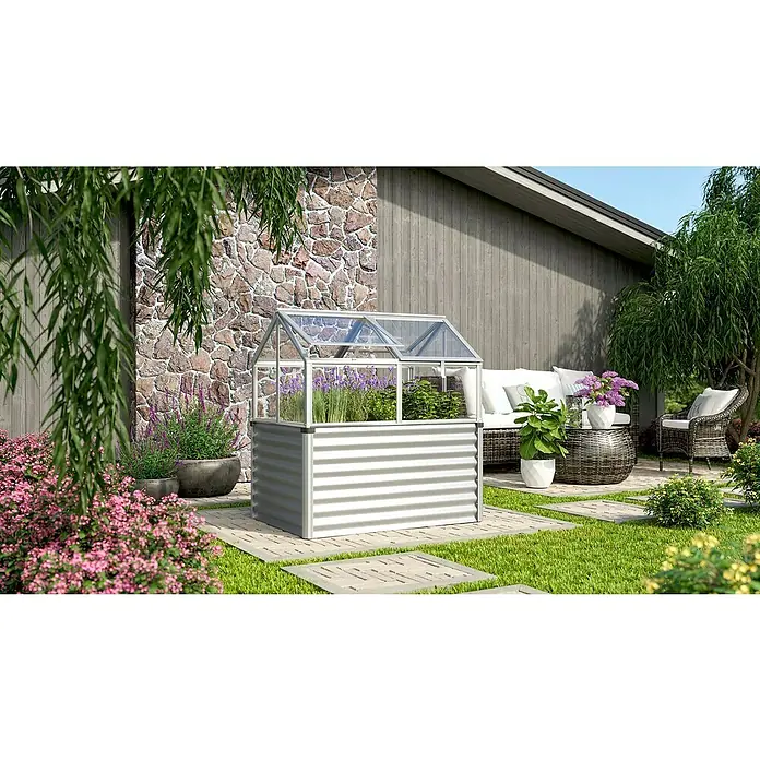 Vitavia Hochbeet Zola - 126,7 x 89 x 134,5 cm, Sicherheitsglas, Silber - Ein stilvolles, erhöhtes Gartenbeet mit Gewächshausaufsatz, ideal für den Anbau von Kräutern und Gemüse im eigenen Garten.