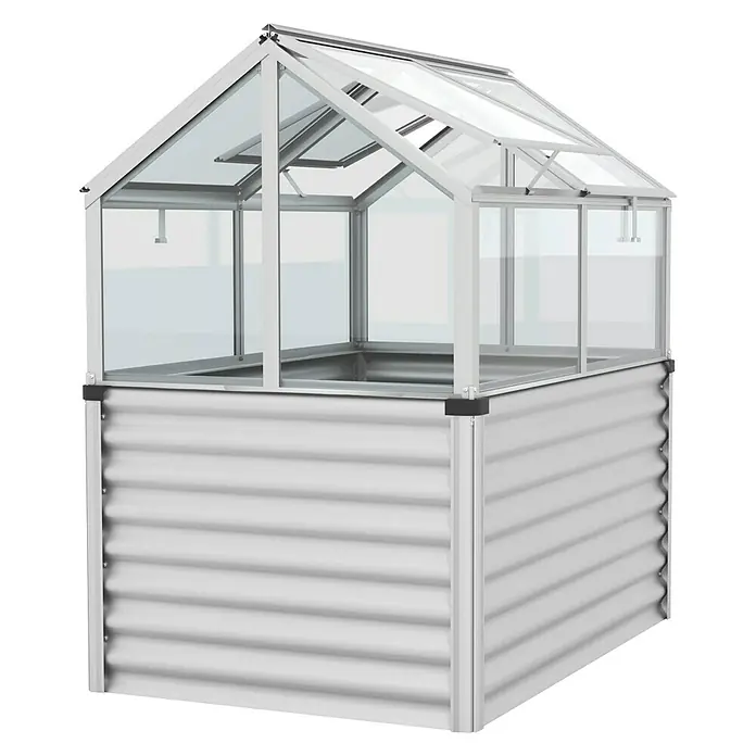 Vitavia Hochbeet Zola - 126,7 x 89 x 134,5 cm, Sicherheitsglas, Silber - Ein geräumiger, silberfarbener Hochbeet-Bausatz mit einem Glasgewächshausaufsatz für den Garten. Ideal für den Gemüseanbau.