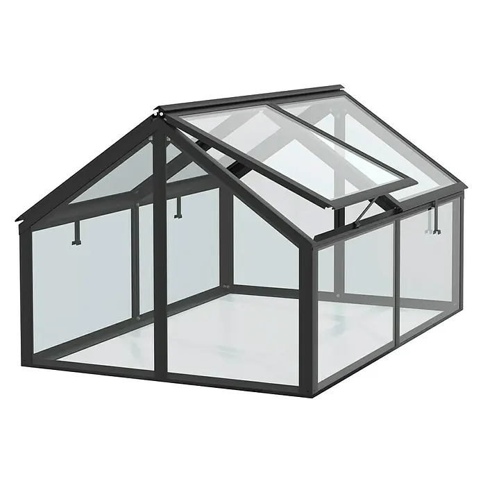 Vitavia Frühbeet Zola - 124,3 x 89 x 71,3 cm, Schwarz, Sicherheitsglas - Das Bild zeigt ein Gewächshaus mit schwarzem Rahmen und geöffnetem Fenster, ideal für Hobbygärtner.