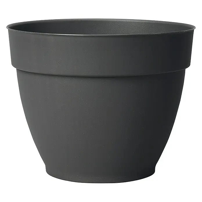 Deroma Ninfea Pflanztopf - Außenmaß (Ø x H): 52 x 41,5 cm, Kunststoff, Anthrazit - Ein grauer Blumentopf mit einem breiten Rand am oberen Ende, ideal für Pflanzen und Blumen, die im Innen- und Außenbereich platziert werden können.