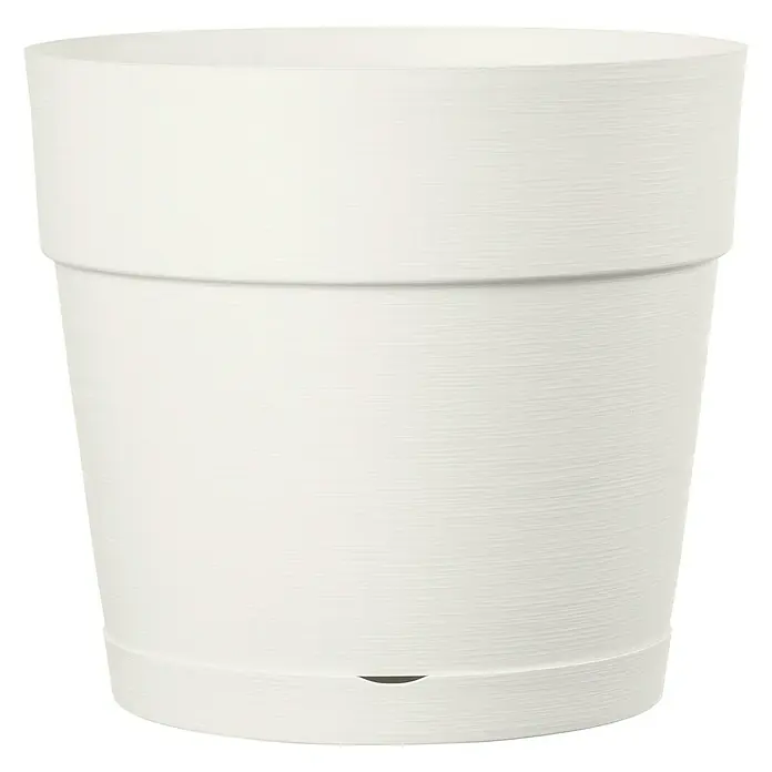 Deroma Save PflanztopfAußenmaß (Ø x H): 20 x 18,1 cm, Kunststoff, Weiß - Ein elfenbeinfarbener, texturierter Topf mit einer zylindrischen Form, der sich ideal für die Präsentation von Pflanzen und Blumen eignet.