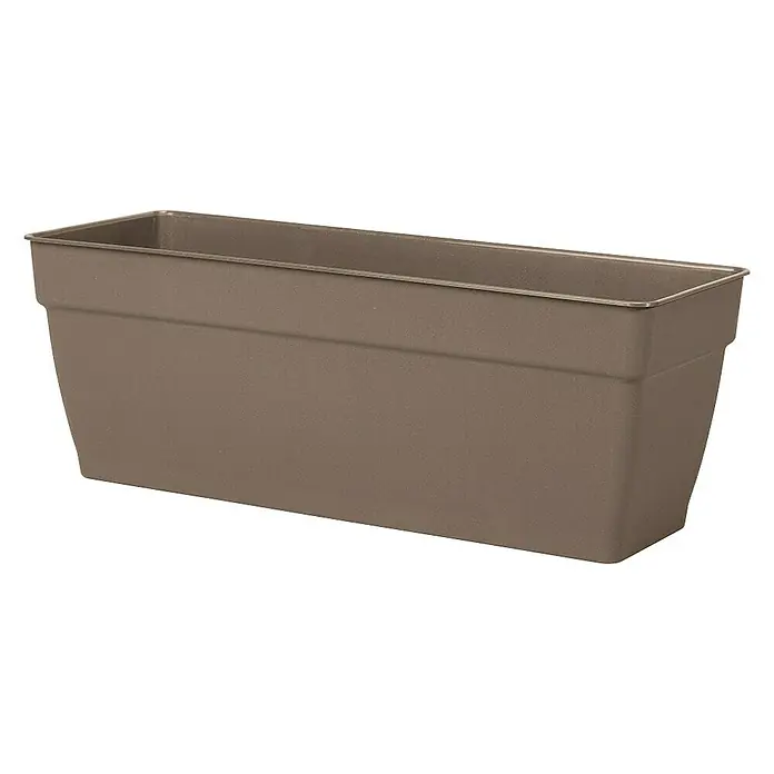 Deroma Ninfea Pflanzkasten - Außenmaß (L x B x H): 37 x 17 x 17,4 cm, Sand - Nahaufnahme eines länglichen, braunen Pflanzgefäßes, ideal für Balkon oder Fensterbank, mit einfacher und praktischer Formgebung.