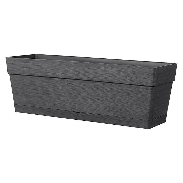 Deroma Save Balkonkasten - Max. Außenlänge: 49 cm, Antracite - Länglicher, anthrazitfarbener Blumenkasten mit horizontaler Textur und integriertem Wasserablauf für den Innen- und Außenbereich.