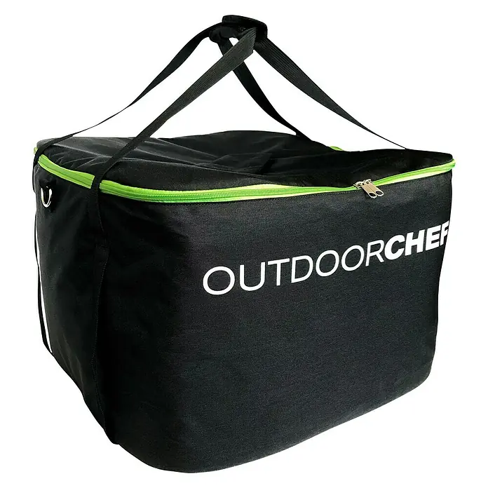 Outdoorchef Kugelgrill - Durchmesser Grillfläche: 42 cm, 4,3 kW, Schwarz - Eine schwarze Outdorchef Tasche mit grünen Akzenten und Tragegriffen, ideal für den Transport von Grillzubehör.