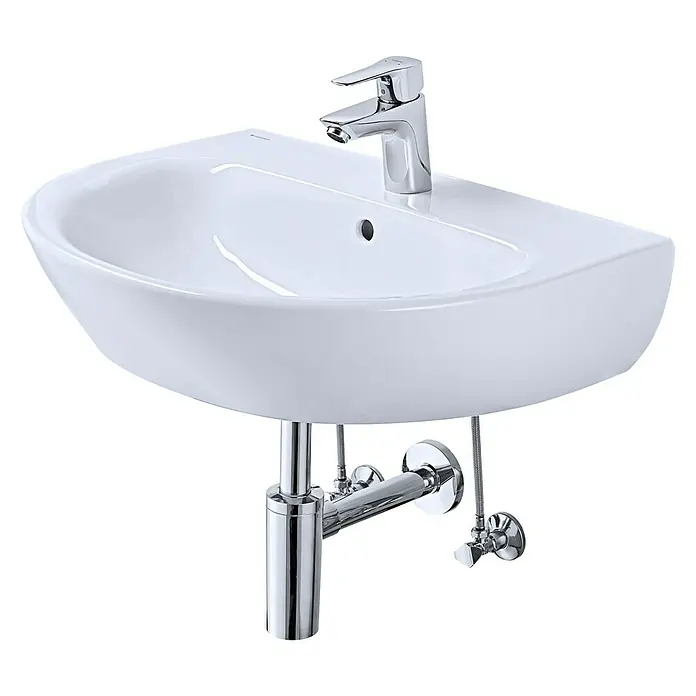 Geberit Renova Waschtisch-Set - 60 x 48 cm, Ohne Spezialglasur, Hahnloch: Mitte, Mit Überlauf, Weiß - Ein elegantes, weißes Waschbecken mit glänzendem Chromhahn und Abflussrohren vor einem schwarzen Hintergrund.