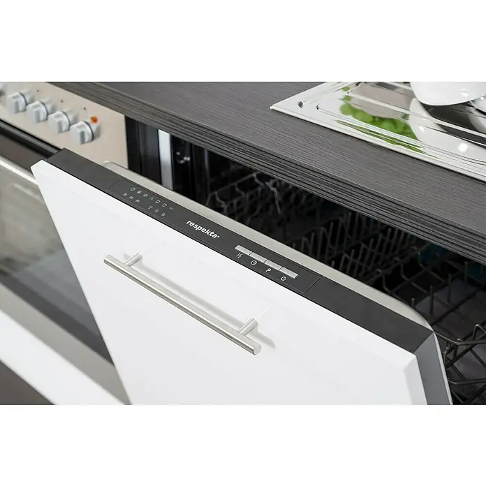 Respekta Premium Küchenzeile RP250EWCBO - Breite: 250 cm, Weiß, Mit Elektrogeräten - Einbau-Geschirrspüler Respekta mit geöffneter Tür, Bedienelementen und Griff in einer modernen Küchenumgebung.