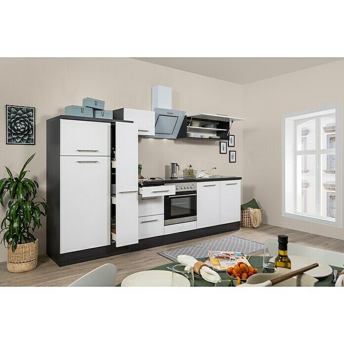 Respekta Premium Küchenzeile RP300EWCBO (Breite: 300 cm, Mit Elektrogeräten, Weiß Hochglanz)