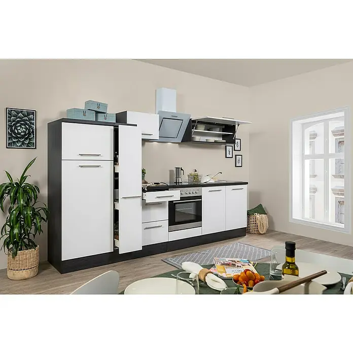 Respekta Premium Küchenzeile RP300EWCBO - Breite: 300 cm, Weiß, Mit Elektrogeräten - Helle Küche mit weißen Schränken und dunklen Akzenten, ausgestattet mit modernen Geräten und einer gemütlichen Essecke.
