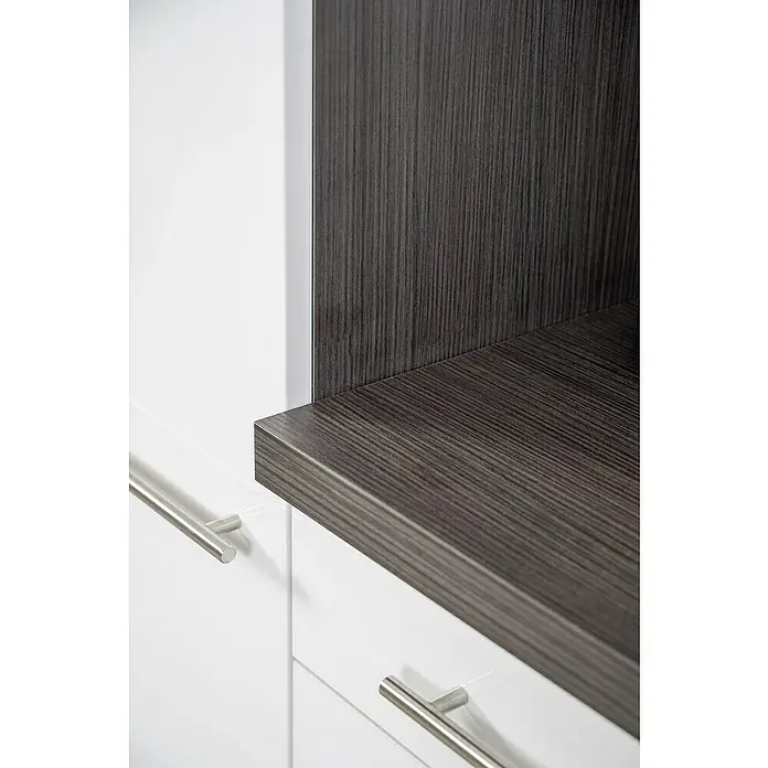 Respekta Premium Küchenzeile RP280ESCBO - Breite: 280 cm, Schwarz, Mit Elektrogeräten - Detailaufnahme eines modernen Schranks mit dunkler Arbeitsplatte und hellen Schubladen mit Griffen.