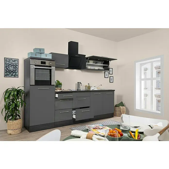 Respekta Premium Küchenzeile RP270HEGBO - Breite: 270 cm, Grau, Mit Elektrogeräten - Elegante graue Küche mit modernen Geräten und cleverem Stauraum. Die perfekte Kombination aus Stil und Funktionalität für Ihr Zuhause.