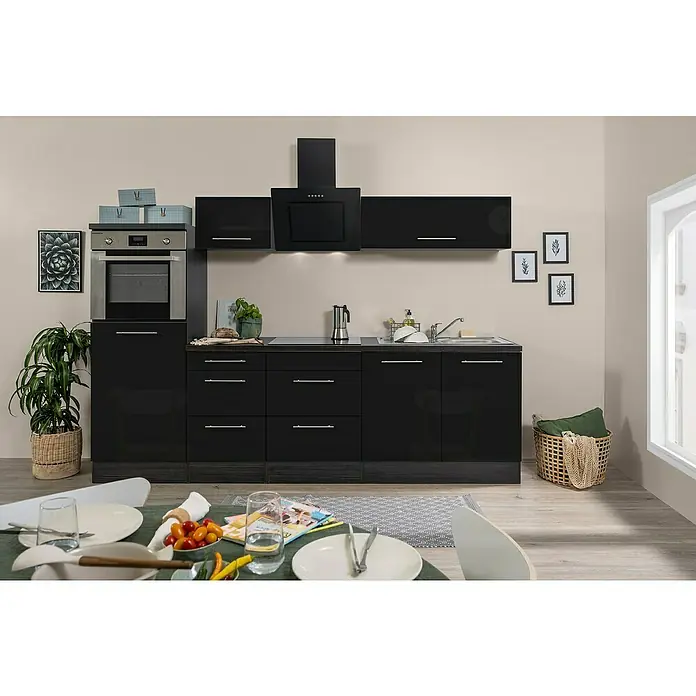 Respekta Premium Küchenzeile RP270HESBO - Breite: 270 cm, Schwarz, Mit Elektrogeräten - Moderne schwarze Küche mit glänzenden Fronten, integriertem Ofen und Dunstabzugshaube für ein stilvolles Kocherlebnis.
