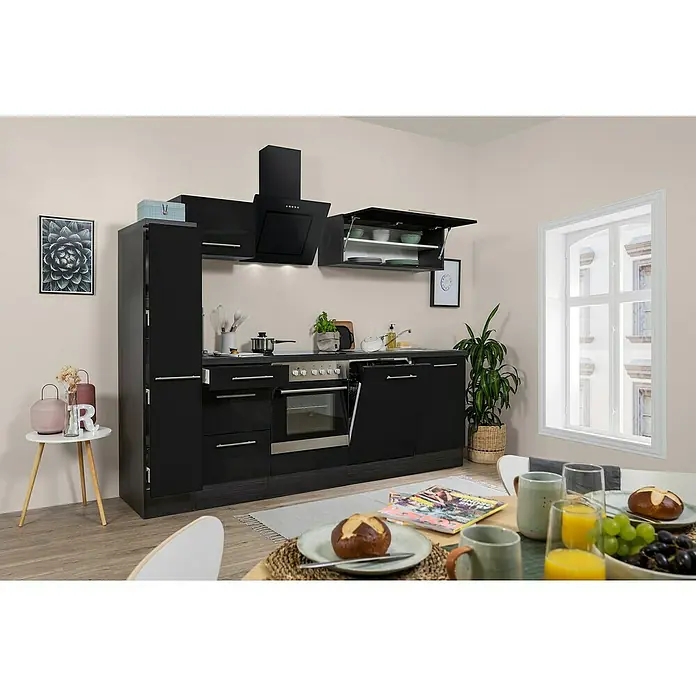 Respekta Premium Küchenzeile RP250ESCBO - Breite: 250 cm, Schwarz, Mit Elektrogeräten - Schwarze Küche mit Spüle, Herd und Dunstabzugshaube, ergänzt durch einen Esstisch mit Frühstück. Stilvolles Design für den modernen Haushalt.