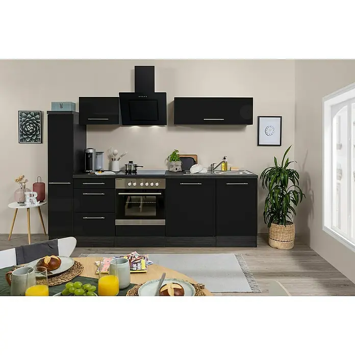 Respekta Premium Küchenzeile RP250ESCBO - Breite: 250 cm, Schwarz, Mit Elektrogeräten - Moderne Küche mit schwarzen Schränken und Edelstahlgeräten, die eine elegante und funktionale Raumlösung bietet.
