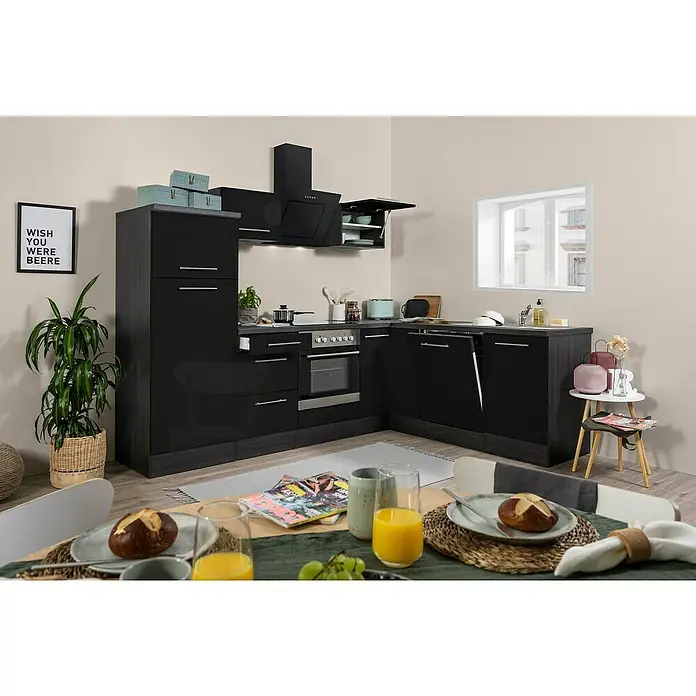 Respekta Premium Winkelküche RP260ESCBO - B x T: 260 x 60 cm, Schwarz, Mit Elektrogeräten - Elegantes Küchendesign in Schwarz mit modernen Geräten und stilvollem Zubehör. Die Küche ist einladend und funktional gestaltet.