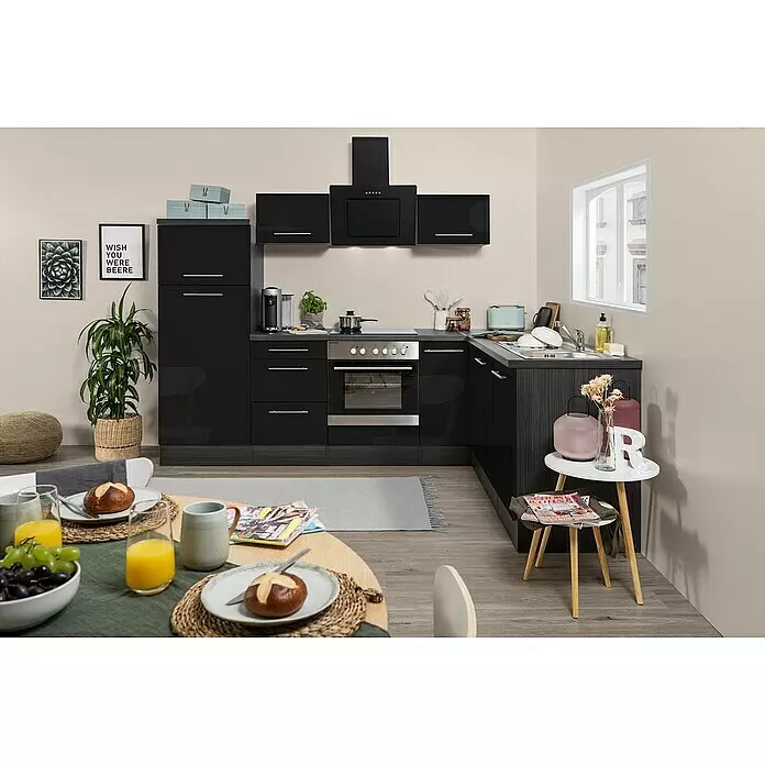 Respekta Premium Winkelküche RP260ESCBO - B x T: 260 x 60 cm, Schwarz, Mit Elektrogeräten - Stimmungsaufnahme