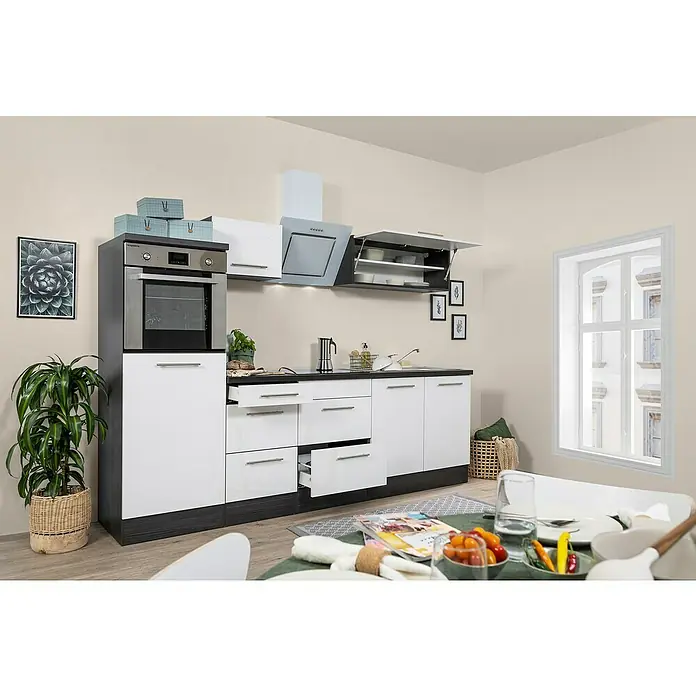 Respekta Premium Küchenzeile RP270HEWBO - Breite: 270 cm, Weiß, Mit Elektrogeräten - Moderne Küche mit weißen und anthrazitfarbenen Elementen, inklusive Einbaubackofen, Dunstabzugshaube und viel Stauraum, für ein stilvolles Kocherlebnis.