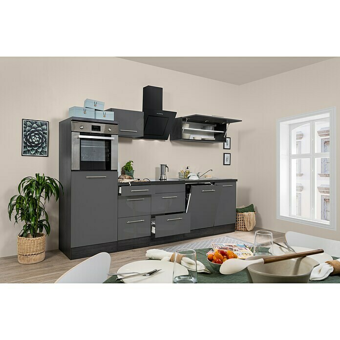 Respekta Premium Küchenzeile RP280HEGBO (Breite: 280 cm, Mit Elektrogeräten, Grau Hochglanz)