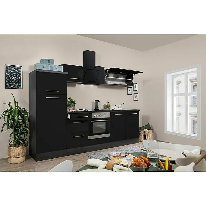 Respekta Premium Küchenzeile RP270ESCBO - Breite: 270 cm, Schwarz, Mit Elektrogeräten - Eine moderne schwarze Küche mit Dunstabzugshaube, Hängeschränken und einem großen Vorratsschrank, ideal für eine stilvolle Raumausnutzung.