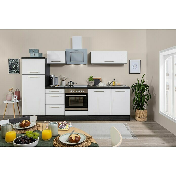 Respekta Premium Küchenzeile (Breite: 280 cm, Mit Elektrogeräten, Weiß Hochglanz)