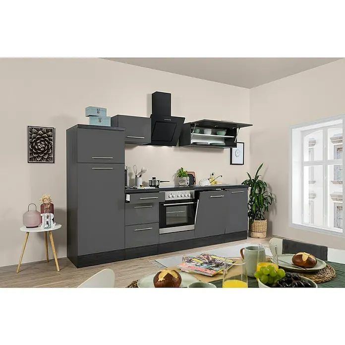 Respekta Premium Küchenzeile RP280EGCBO - Breite: 280 cm, Grau, Mit Elektrogeräten - Küchenzeile in Grau mit Hängeschränken und Dunstabzugshaube. Das Küchenset ist modern und funktional gestaltet.