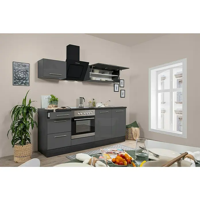 Respekta Premium Küchenzeile RP210EGCBO - Breite: 210 cm, Grau, Mit Elektrogeräten - Moderne graue Küche mit glänzenden Oberflächen, Dunstabzugshaube und Hängeschränken, die Stauraum bieten. Ein stilvolles und funktionales Design.
