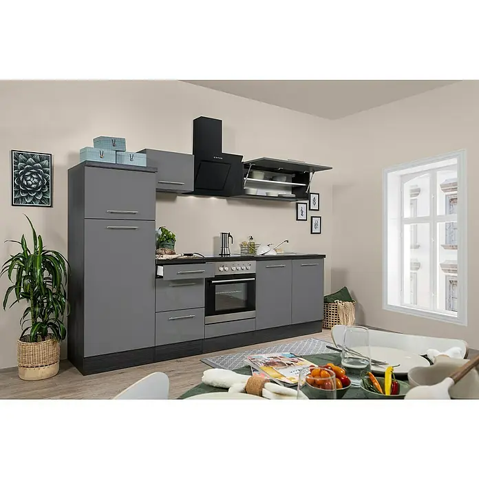 Respekta Premium Küchenzeile RP270EGCBO - Breite: 270 cm, Grau, Mit Elektrogeräten - Moderne graue Einbauküche mit schwarzer Dunstabzugshaube und Hängeschränken, ideal für kleine Räume. Eine stilvolle und funktionale Küchenlösung.